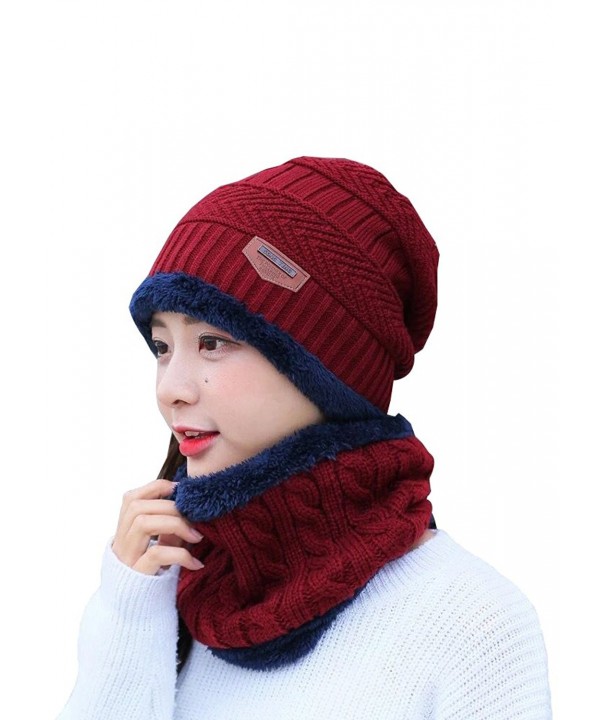 Wicky LS Unisex Winter Knitted Cap Warm Beanie Hat With Neck Gaiter - Women-wine Red - CR186DA6HTI