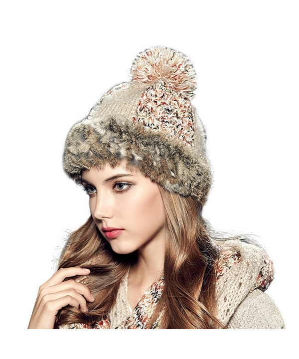 Kenmont Winter Women Lady Rabbit Fur Hand Knit Beanie Cap Ski Hat - Beige - CX185SLZ0ZC