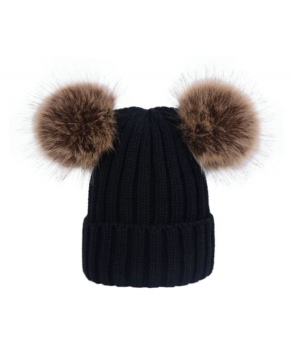 Wanture Winter Women's Winter Knit Wool Beanie Hat with Double Faux Fur Pom Pom Ears - Black - CU186R0TOQY