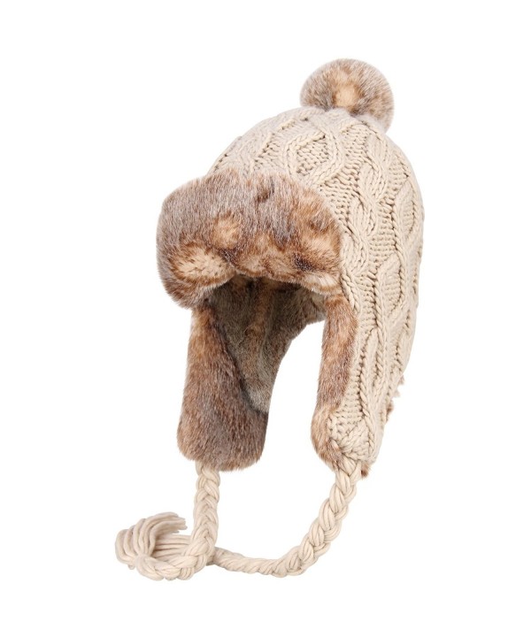 OMECHY Womens Knit Peruvian Beanie Hat Winter Warm Wool Crochet Tassel Peru Ski Hat Cap With Earflap Pom - Beige - C0188RA2LTK