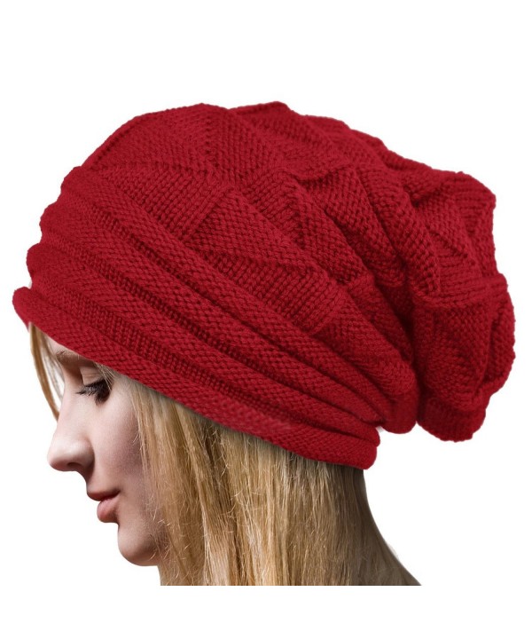 Dealzip Inc Stylish Unisex Brown Woven Knit Crochet Plicated Baggy Slouch Warm Winter Hat Cap Beret Beanie - Red - CJ12IC0J9DZ