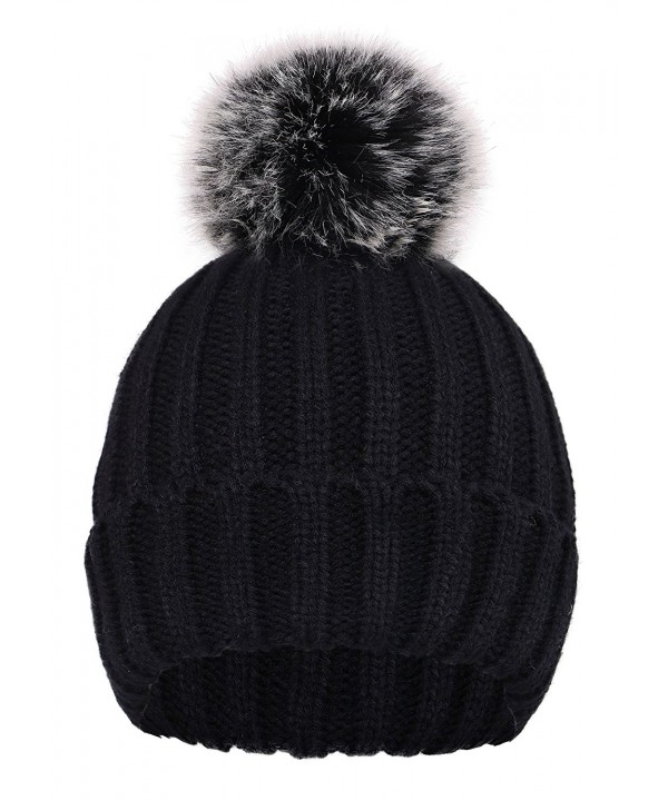 D Diana Dickson Cute Fluffy Fur Pompom Knit Winter Beanie Hat - Black - CC188IO8845