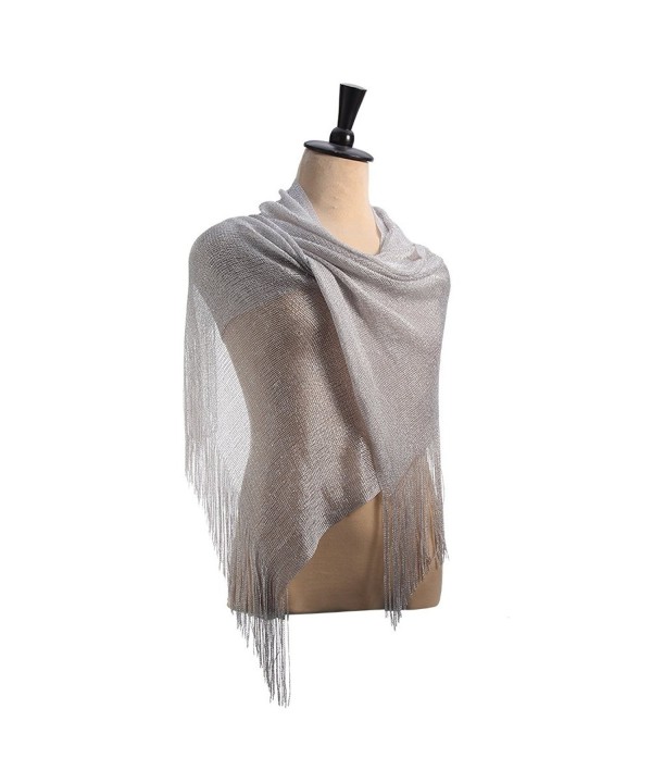 Womens Sheer Bridal Weddings Party Evening Shawl Wrap Fringed Sparkle shiny Scarf - Metallic Silver - CO183XR038R