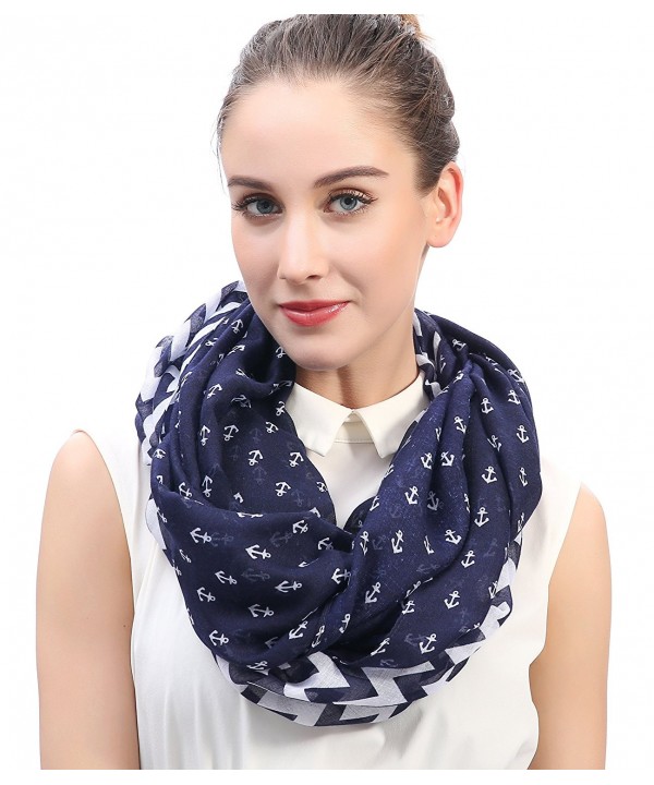 Lina & Lily Chevron and Anchor Print Infinity Loop Scarf for Women Lightweight - Navy and White - CW11POY3NNP