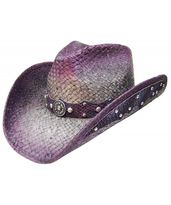 Modestone Straw Cowboy Hat Leather-Like Appliques Purple - CS182E3LUSW