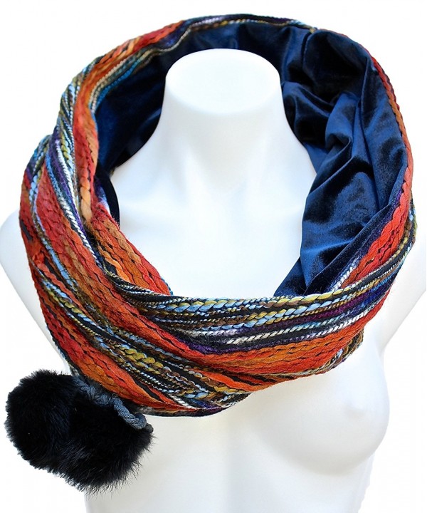 Terra Nomad Women's Velvet Lined Snood Infinity Loop Circle Scarf w/ Pom Poms - Orange/Vintage Blue - C411B516WE3