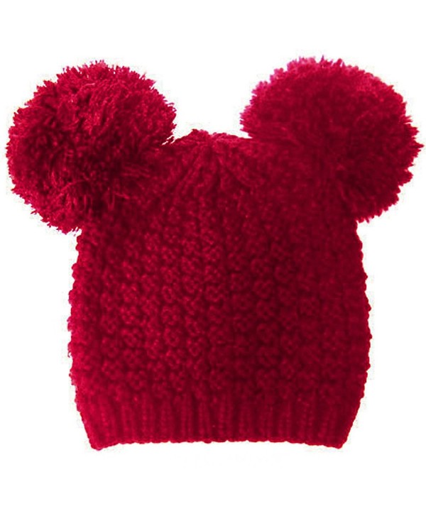 Knit Beanie Hat with 2 Big Pom Pom Ears JM6086 - Burgundy - C812O4NOKHN