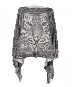 Lady's Tiger Pattern Tassels Sleeve Shawl Poncho Cape Batwing Tops for Women - Grey - C1186RAO2LG