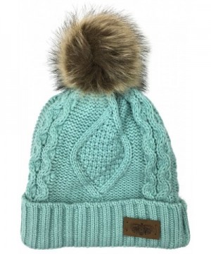 Plum Feathers Soft Thick Faux Fur Pom Pom Fleece Lined Skull Cap Cuff Beanie - Mint Cable - CS1805DCD87