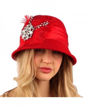 Winter Wool Feathers Rhinestones Cloche Bucket Church Hat Cap Adjustable - Red - CT11FVHEKH3