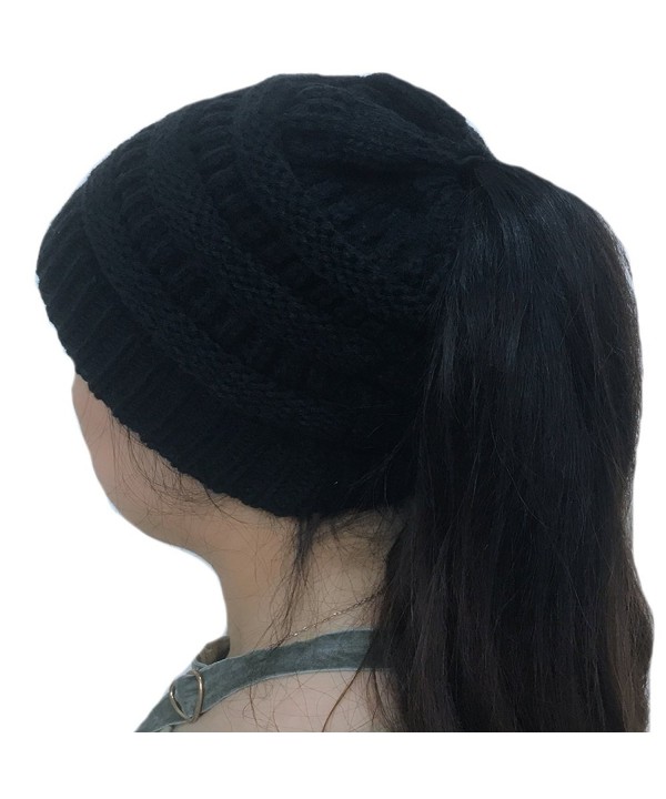 TheFound Women Winter Warm Knitted Ponytail Beanie Hat Messy High Bun Stretch Ribbed Cap - Black - CL186ANH8O8