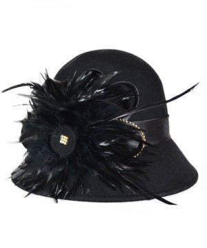 Elegant Womens Wool Feathers Cloche Bucket Rhinestone Black Hat - CR11OQ65821