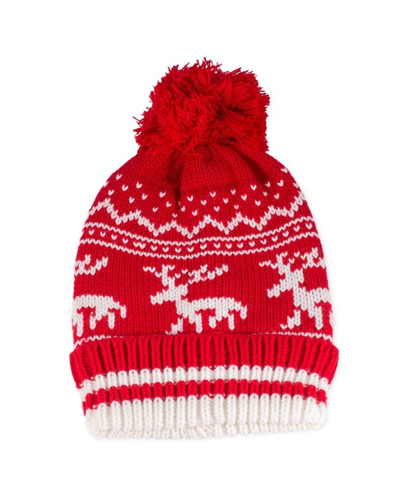 Traditional Nordic Knit Red Stocking Hat with Reindeer Design - CD11PISJXQ3