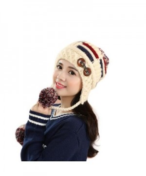 AMA(TM) Women Winter Warm Braided Knit Hat Beanie Ball Cap Beret with Earflap - Beige - C712MYM0HKT