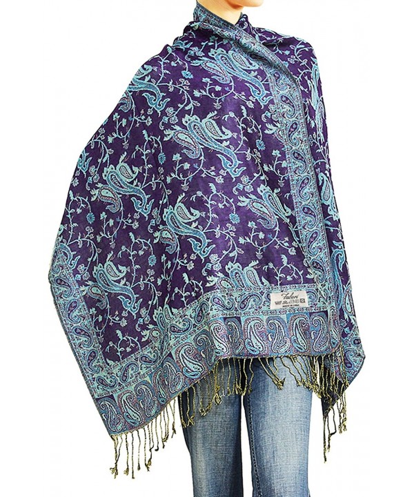 Falari Women's Woven Pashmina Shawl Wrap Scarf 80" x 27" - Dark Purple & Turquoise - CT12BBTK6JZ