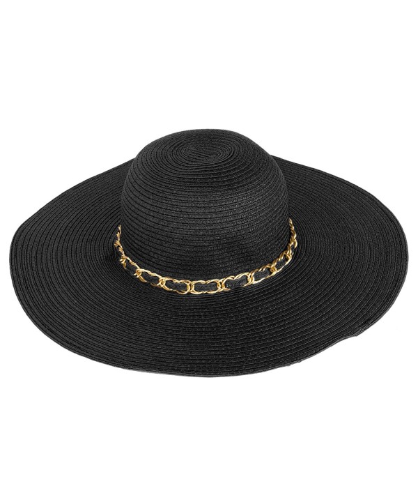 Aerusi Women's Straw Wide Brim Floppy Sun Hat Beach Garden Sun Hat w/Chain Band - Black - C312H415SXN