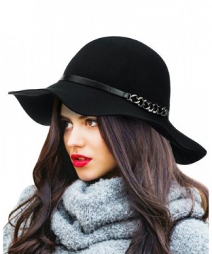 NYFASHION101 Exclusive Women's Chain Link Band Wool Flop Brim Fedora Hat - Black - CS1274IMWDP