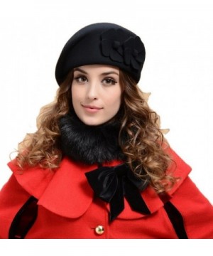 YueLian Solid Color Flower Women French Wool Beret Warm Ski Beanie Hats Cap Petrine Berets - Black - CN125K2LKSP