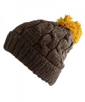 Morehats Multi Color Pom Pom Crochet Thick Knit Slouchy Beanie Beret Winter Ski Hat - Brown/Mustard - CY126YMVVGB