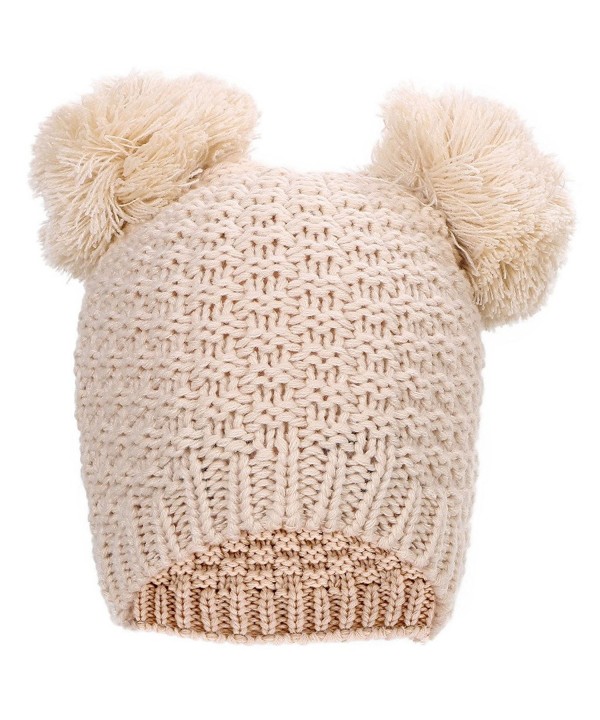 Women's Cute Winter Warm Knit Double Beanie Hat with Pom Pom Ears - Biege - C812C88BQT7