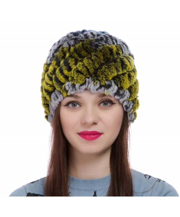 ZUUC Women's Real Rex Rabbit Fur Knitted Beanie Winter Warm Hats Caps - Green + Blue - CF12OB8RURM