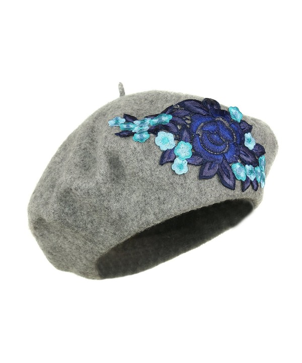 Vintage Rose Applique Beret- Warm 100% Wool Retro Cap with Floral Patch - Grey - CZ12N2FA8SA