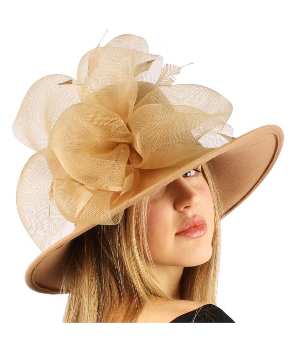 Winter Fancy Satin Wool Felt Big Floral Floppy Wide Brim Derby Church Hat - Camel - CZ127PV0IS7