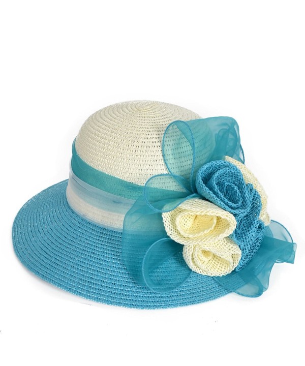 Lady Dress Straw Cloche Sweet Cute Floral Bucket Hat Bridal Church Derby Cap W204 - Turquoise - CE17YCUWGZH