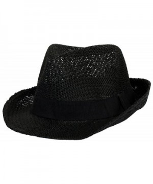 DRY77 Straw Light Net Pattern Fedora Hat with Solid Brand - Black - CP1221PMUVF