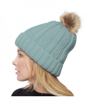 APPARELISM Women's Winter Thick Knitted Plush Lining Pom Pom Beanie Hat. - Light Blue - C3186X7OWG4