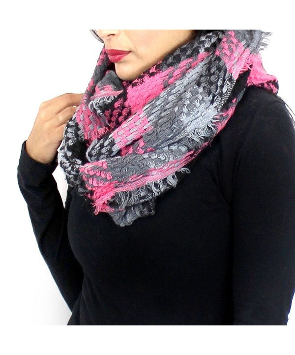 Soft Woven Plaid Infinity Scarf - Pink and Grey - CN127YK8G2J