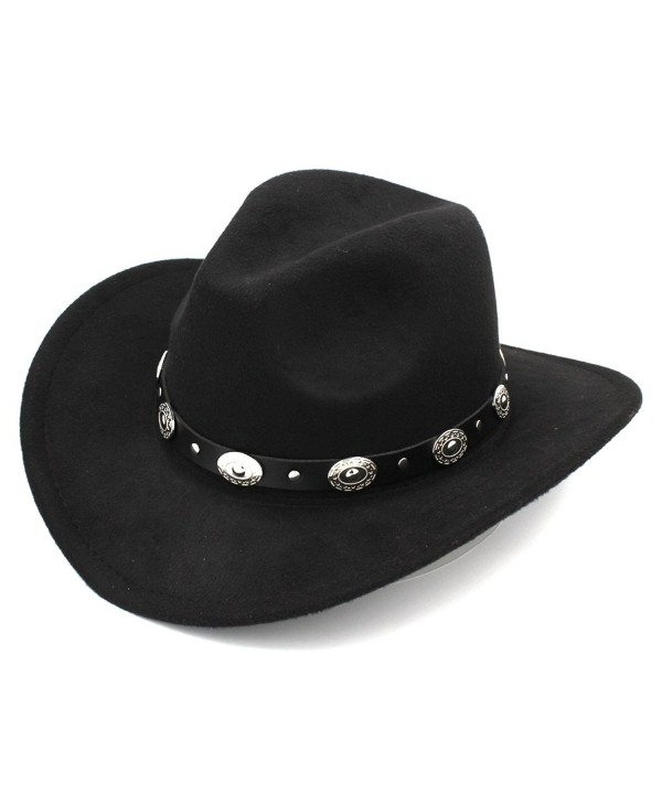 Elee Womem Men Wool Blend Western Cowboy Hat Wide Brim Cowgirl Jazz Cap Leather Band - Black - C2186I9Z8X7