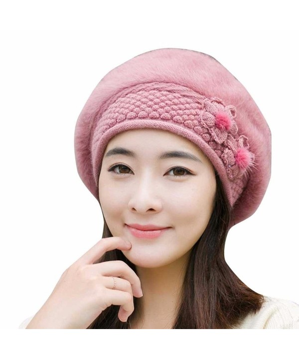 Hunputa WomensWinter French Beret Wool Beret Chic Beanie Winter Hat Slouchy Cable Knit Hat Snow Ski Caps - Pink - C01895K586O