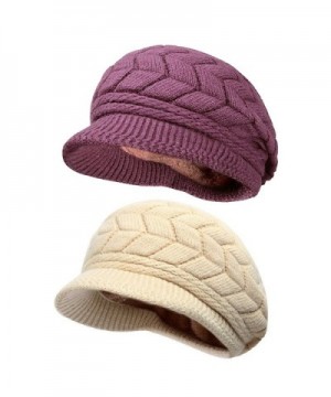 Women Lady Braided Warm Cabled Knit Winter Beanie Crochet Hats Newsboy Caps 2-pack (Purple+Beige) - CB129B3VWOB