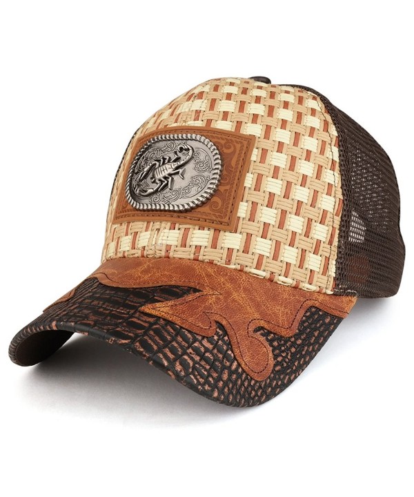 Trendy Apparel Shop Straw Design Metallic Scorpion Logo Trucker Mesh Adjustable Baseball Cap - Tan/Brown - C712O36I0WD