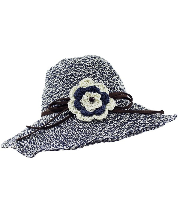 Funky Junque's UPF 50+ Adjustable Floppy Woven Crochet Straw Sun Hat w/ Flower - Navy - CX12EPJO3MT