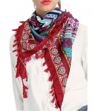 Futurino Women's Ethnic Style Vintage Totem Floral Print Tassel Hem Scarves - Diamond Wine Red - CT17Z4UKNLT