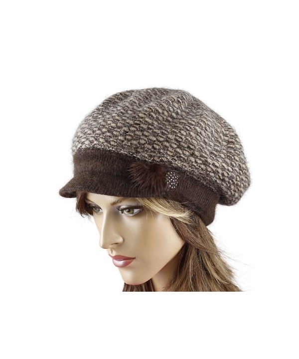 LA-EL COUTURE Womens Elegant Knitted decorated with some natural furBeret with visor warm - Brown - CB12CNXEB67