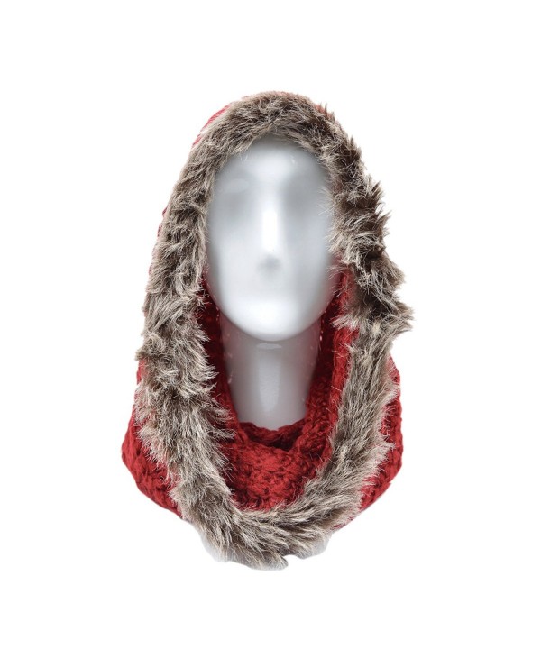 Solid Color Warm Knit Fur Trim Infinity Circle Scarf Hood Hoodie Hat - Burgundy - CR12C3S85TL