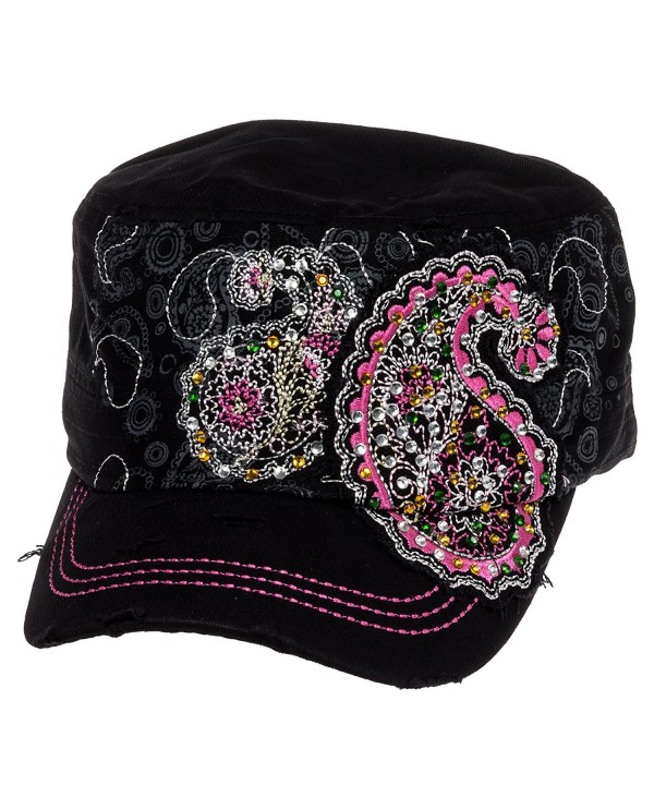 Crystal Case Womens Cotton Rhinestone Paisley Cadet Cap Hat - Black - CN11OHXPY1D