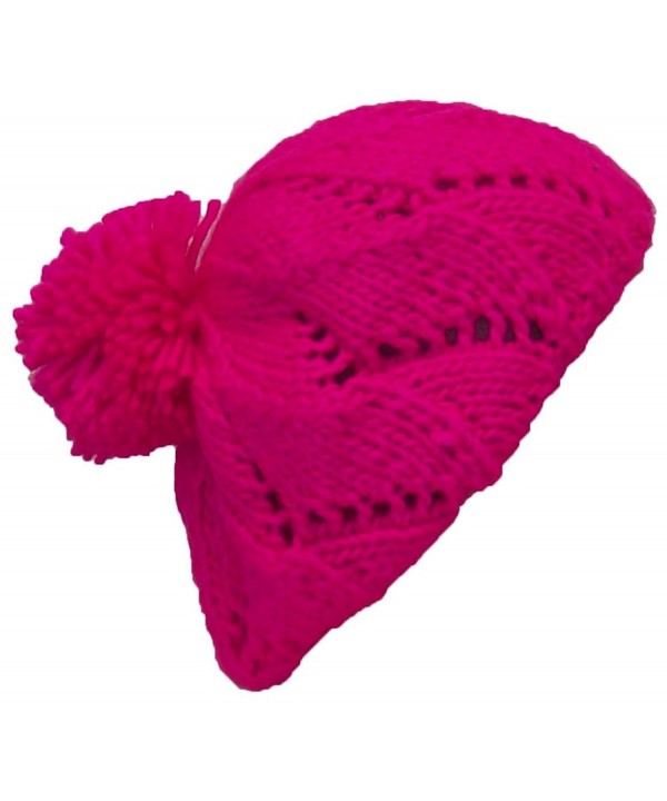 Papillon Hand Knit Solid Color Twist Knit Winter Beret W/Large Pom Pom(One Size) - Neon Pink - CD11P3DFOS9