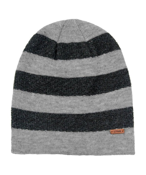 lethmik Fleece Lined Beanie Hat Mens Winter Solid Color Warm Knit Ski Skull Cap - Stripes Light Grey - CT186H0HZ2Y