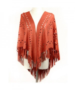 Dikoaina Womens Suede Laser Cut Fringed Cape Shawl Wrap Scarf Small Piece 10 Colors - Red - C217YGLDCTQ