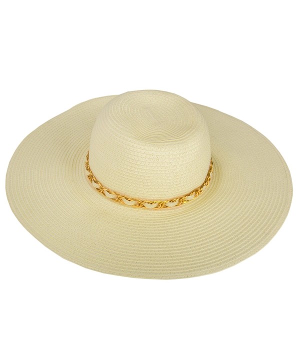 Aerusi Paper Straw Large Wide Brim Floppy Caps Beach Sun Hat w/ Gold Chain Band - Beige - CY17YY8W3AS