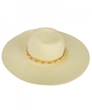 Aerusi Paper Straw Large Wide Brim Floppy Caps Beach Sun Hat w/ Gold Chain Band - Beige - CY17YY8W3AS