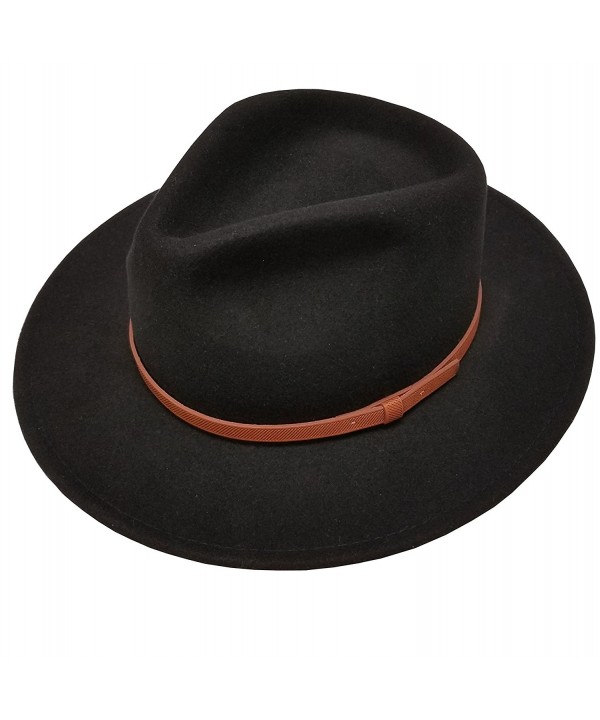 Men's 100% Crush-able Wool Felt Outback Leather Band Wide Fedora Hats With Gift Box - Black - C212N8TH5OF