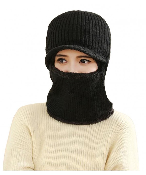 Unisex Fleece Lined Knit Ski Beanie Hat With Visor Ear Neck Warmer Face Mask - Black - CN12O1B4JSO