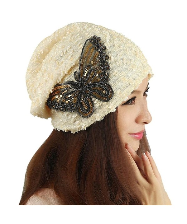 MiyaChic Women's Winter Hat Lace Butterfly Beanie Caps Lady Skullies Turban Cap - Beige - CH1884RSHC7