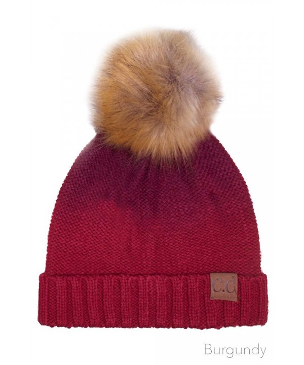 ScarvesMe CC Knitted Ombre Fold Over Faux Fur Pom Pom Beanie - Burgundy - C012K7H9LJ3