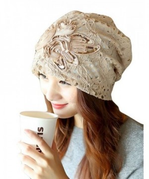 QMY Womens Slouchy Baggy Beanie Lace Flower Beanie Hat Cap Turban - Beige - CP128LIGKG7